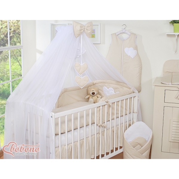 Lenzuolo Culla con Zanzariera 7 parti Beige Pois Bianchi Cuori