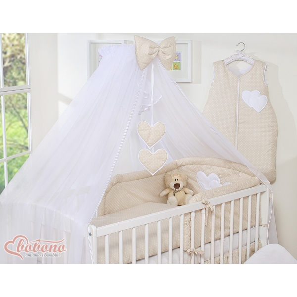 Lenzuolo Culla con Zanzariera 7 parti Beige Pois Bianchi Cuori