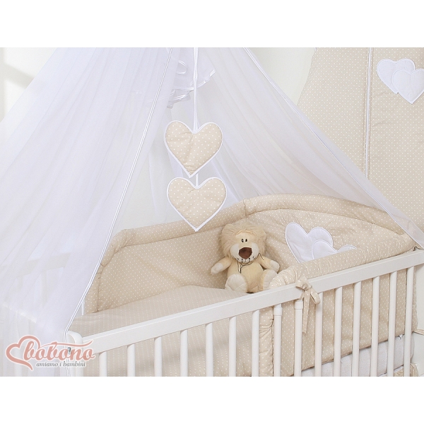 Lenzuolo Culla con Zanzariera 7 parti Beige Pois Bianchi Cuori