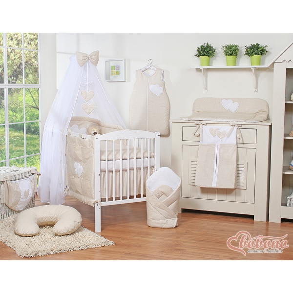 Lenzuolo Culla con Zanzariera 7 parti Beige Pois Bianchi Cuori