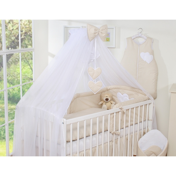 Lenzuolo Culla con Zanzariera 7 parti Beige Pois Bianchi Cuori