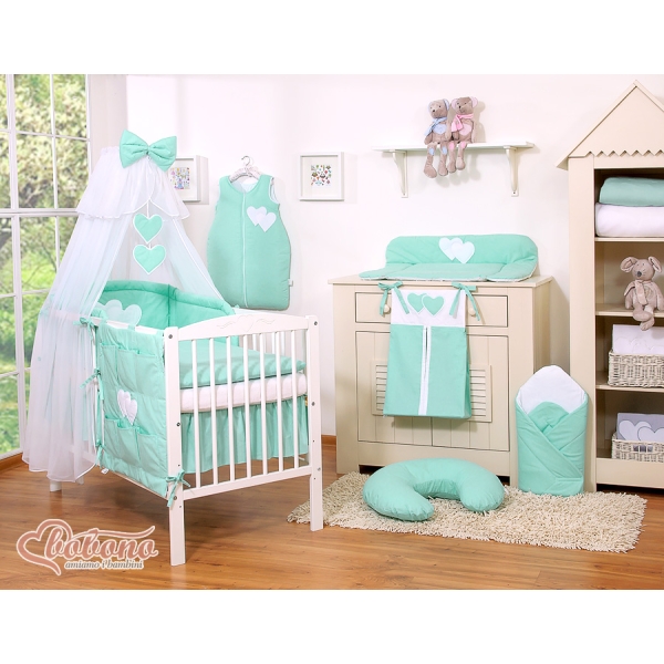 Lenzuolo Culla con Zanzariera 7 parti Menta Cuori