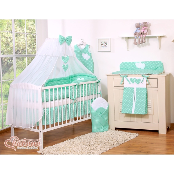 Lenzuolo Culla con Zanzariera 7 parti Menta Pois Bianchi Cuori