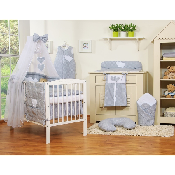 Lenzuolo da Lettino con Paracolpi e Zanzariera 5 parti Grigio Pois Bianchi Cuori