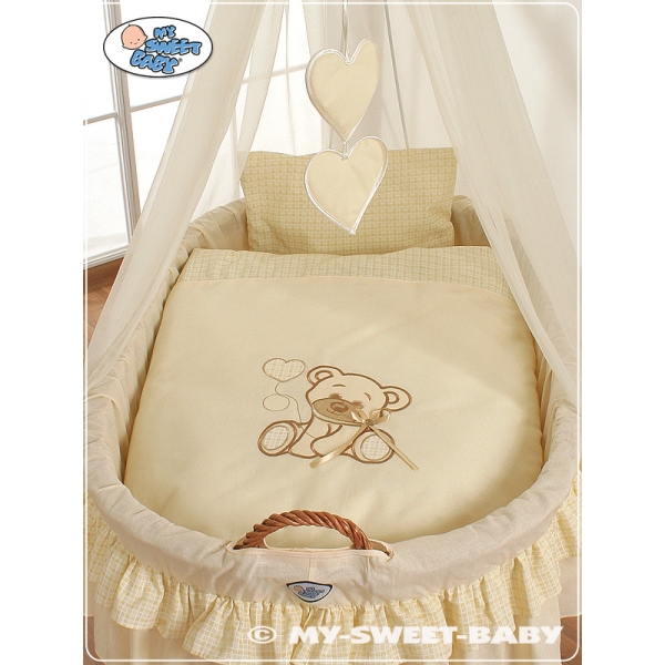 Navicella Vimini Neonato con Velo Set di Biancheria Creme Nastro