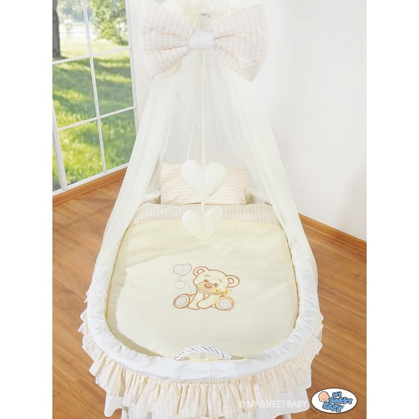 Navicella Vimini Neonato con Velo Set di Biancheria Creme Nastro