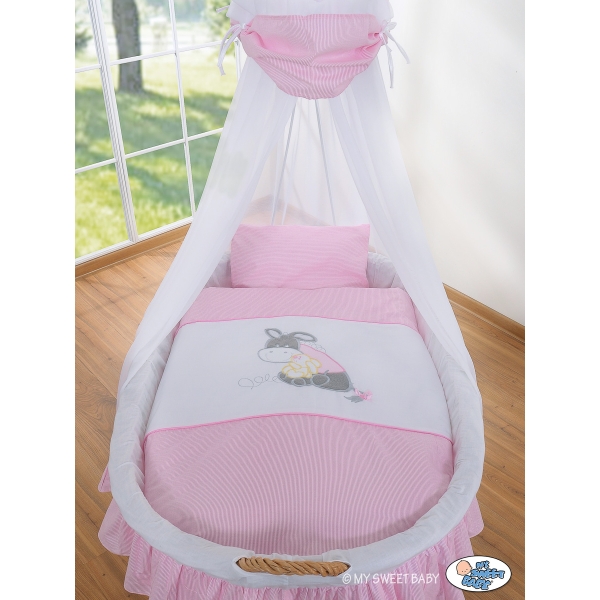 Navicella Vimini Neonato con Velo Set di Biancheria Rosa Luca