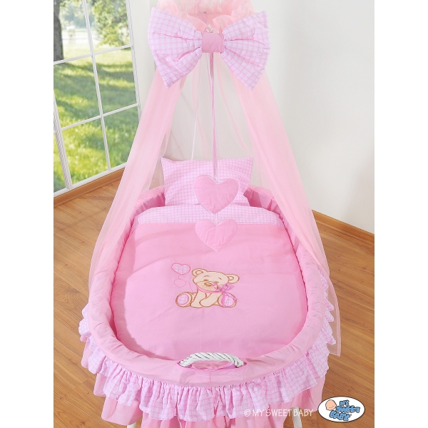 Navicella Vimini Neonato con Velo Set di Biancheria Rosa Nastro