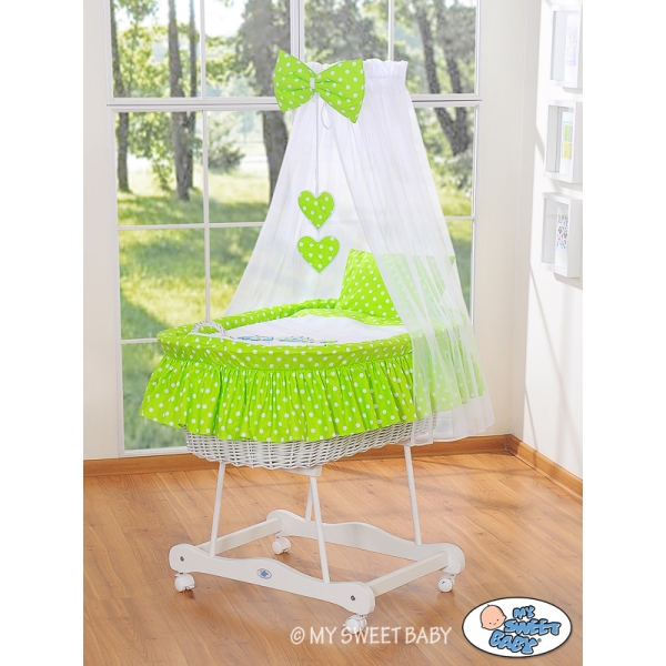 Navicella Vimini Neonato con Velo Set di Biancheria Verde Gufi