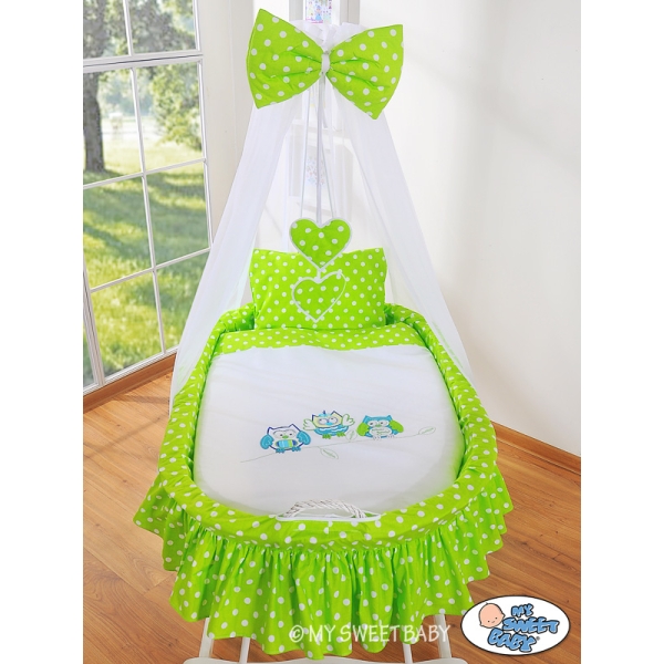 Navicella Vimini Neonato con Velo Set di Biancheria Verde Gufi