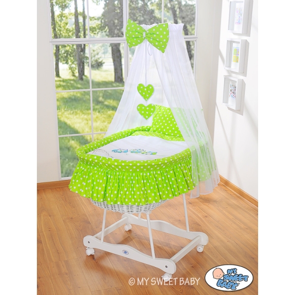 Navicella Vimini Neonato con Velo Set di Biancheria Verde Gufi