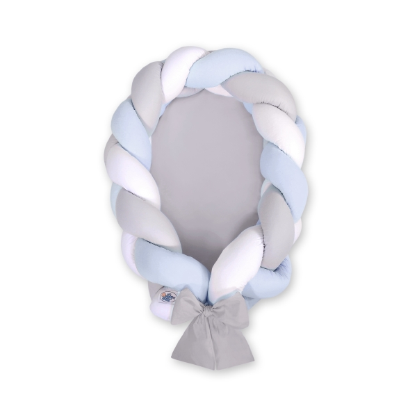 Nido Neonati 2 in 1 Paracolpi Treccia 180cm Bianca Grigio Blu