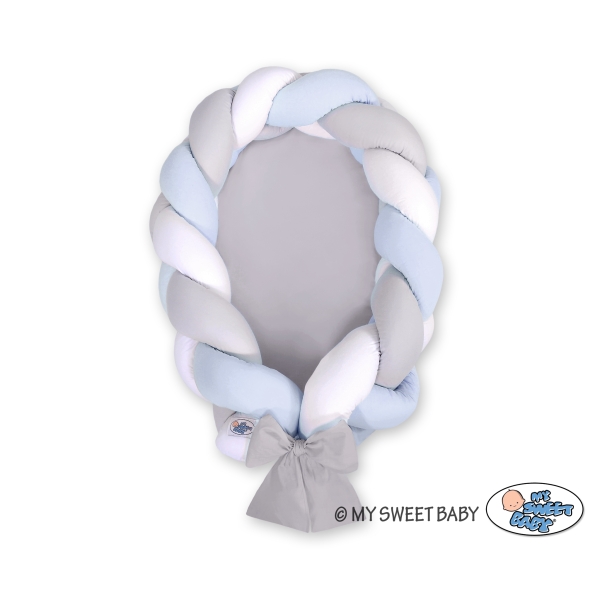 Nido Neonati 2 in 1 Paracolpi Treccia 180cm Bianca Grigio Blu