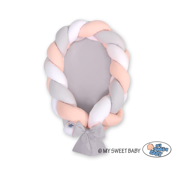Nido Neonati 2 in 1 Paracolpi Treccia 180cm Bianca Grigio Rosa Cipria