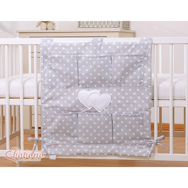Organizer con 6 Tasche per Culla Grigio Pois Bianchi Cuori