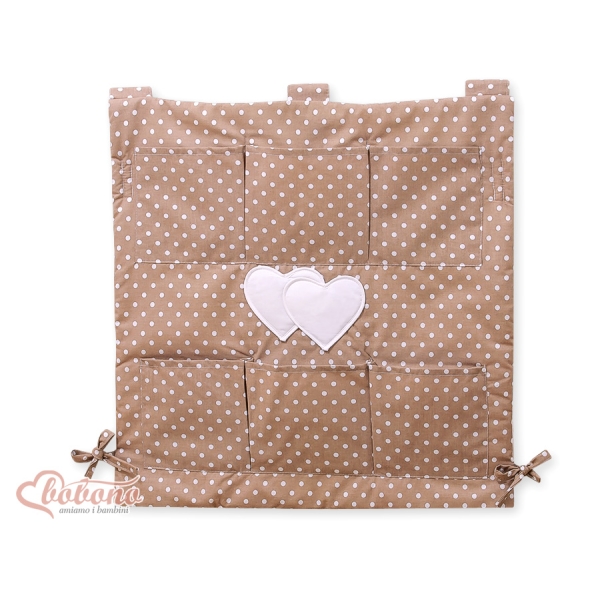 Organizer con 6 Tasche per Culla Marrone Pois Bianchi Cuori
