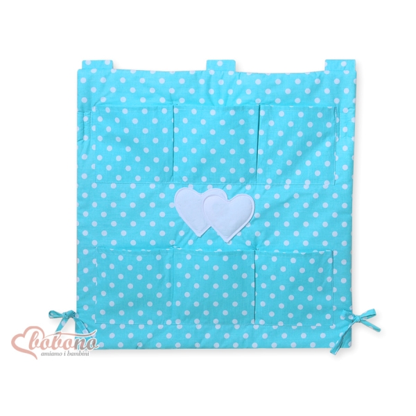 Organizer con 6 Tasche per Culla Turchese Pois Bianchi Cuori