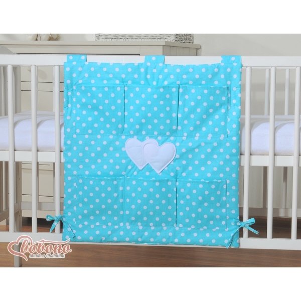 Organizer con 6 Tasche per Culla Turchese Pois Bianchi Cuori