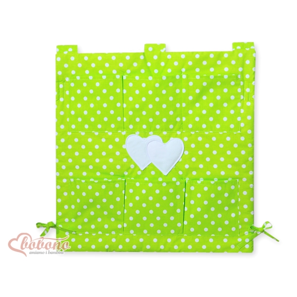 Organizer con 6 Tasche per Culla Verde Pois Bianchi Cuori