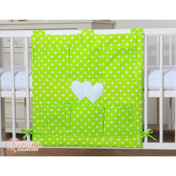 Organizer con 6 Tasche per Culla Verde Pois Bianchi Cuori