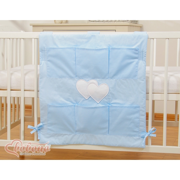 Organizer con 6 Tasche per Lettino Blu a Strisce Cuori