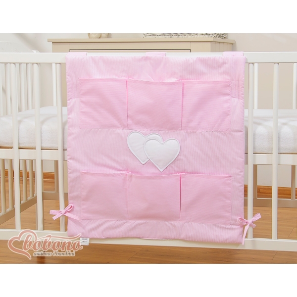 Organizer con 6 Tasche per Lettino Rosa a Strisce Cuori