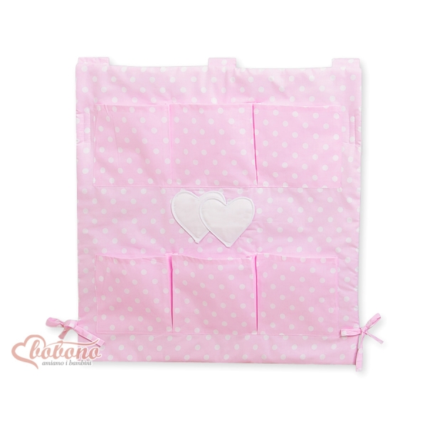 Organizer con 6 Tasche per Lettino Rosa Pois Bianchi Cuori