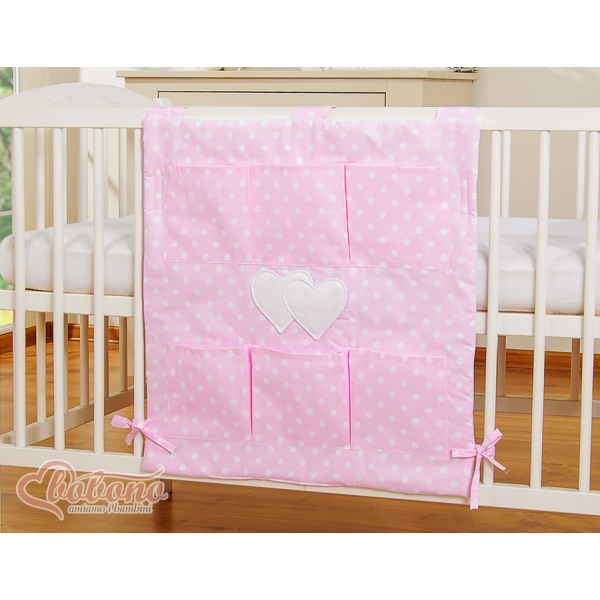 Organizer con 6 Tasche per Lettino Rosa Pois Bianchi Cuori