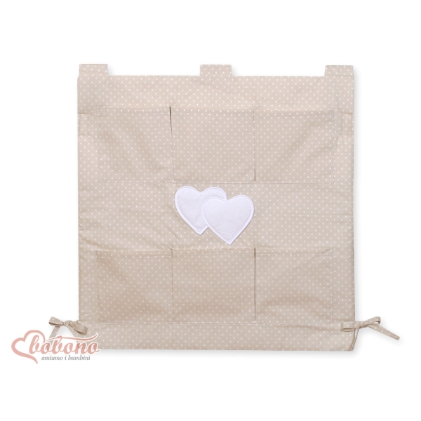 Organizer Portaoggetti in Cotone da Appendere al Lettino Beige Pois Bianchi Cuori