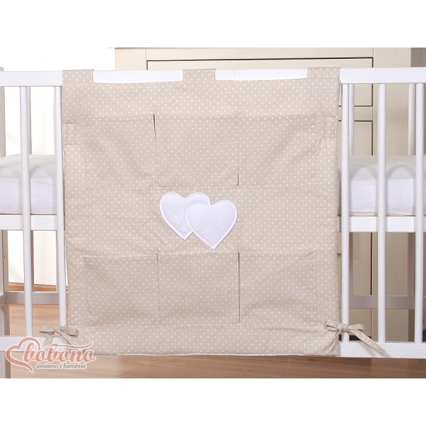 Organizer Portaoggetti in Cotone da Appendere al Lettino Beige Pois Bianchi Cuori