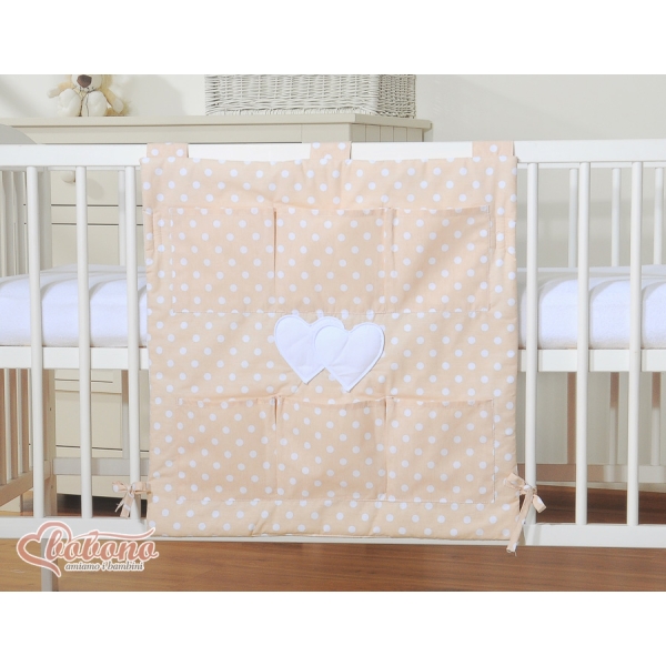 Organizer Portaoggetti in Cotone da Appendere al Lettino Beige Pois Bianchi Cuori