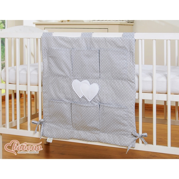 Organizer Portaoggetti in Cotone da Appendere al Lettino Grigio Pois Bianchi Cuori