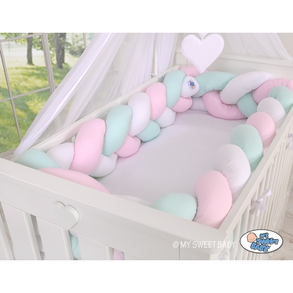 Paracolpi Treccia Lettino Extra Spesso XXL Menta Rosa Bianca