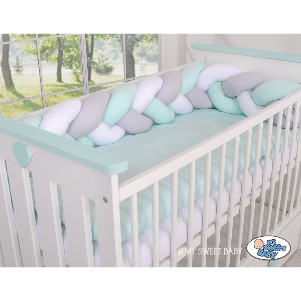 Paracolpi Treccia Para Letto O Culla Bimba Menta Bianca Grigio