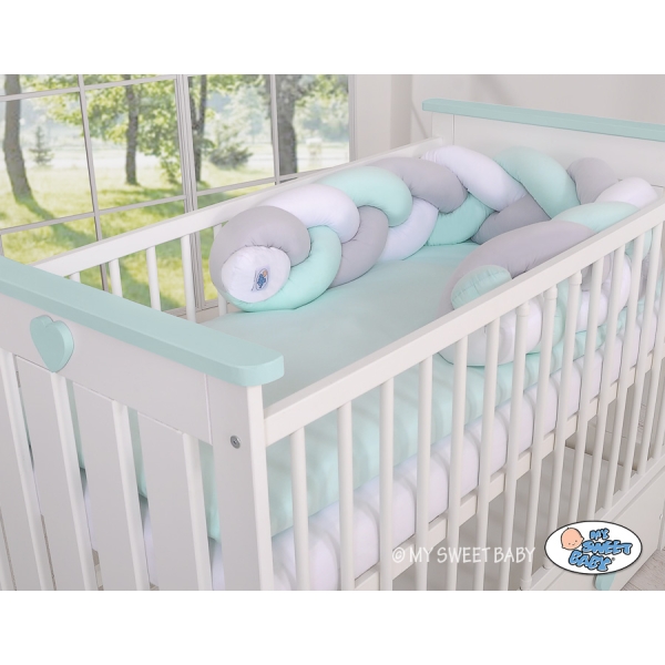 Paracolpi Treccia Para Letto O Culla Bimba Menta Bianca Grigio
