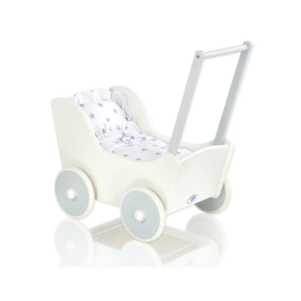 Passeggino con Biancheria Legno per Bambole Bianca Grigio