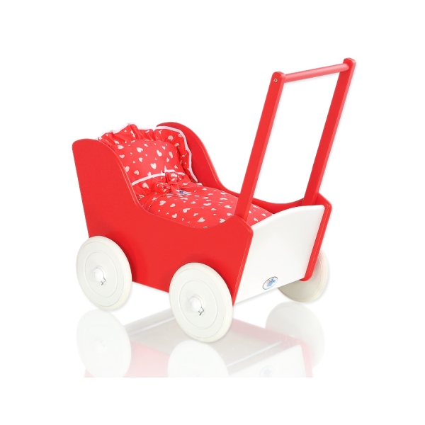 Passeggino in Legno con Biancheria Bambole Bianca Rosso