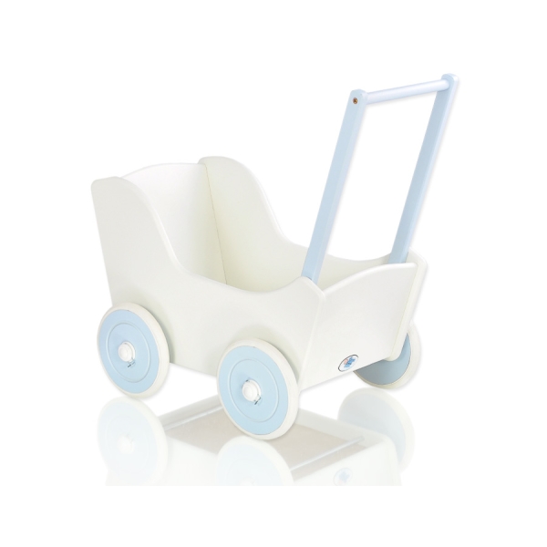 Passeggino in Legno per Bambole Bianca Blu