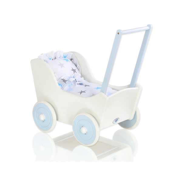Passeggino in Legno per con Biancheria Bambole Bianca Blu