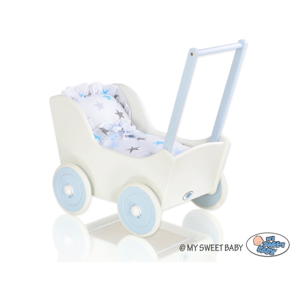 Passeggino in Legno per con Biancheria Bambole Bianca Blu
