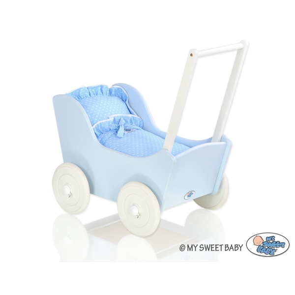 Passeggino in Legno per con Biancheria Bambole Bianca Blu