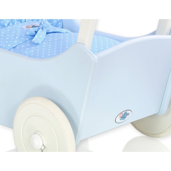 Passeggino in Legno per con Biancheria Bambole Bianca Blu