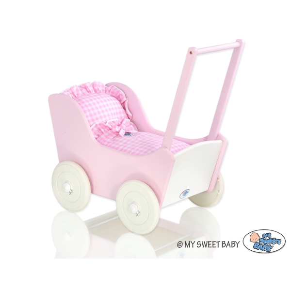 Passeggino in Legno per con Biancheria Bambole Rosa Bianca