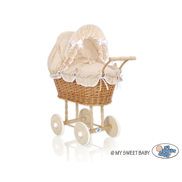 Passeggino in Vimini per le Bambole Bianca Beige Pois Bianchi