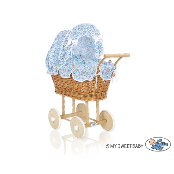 Passeggino in Vimini per le Bambole Blu Fiori Fiori