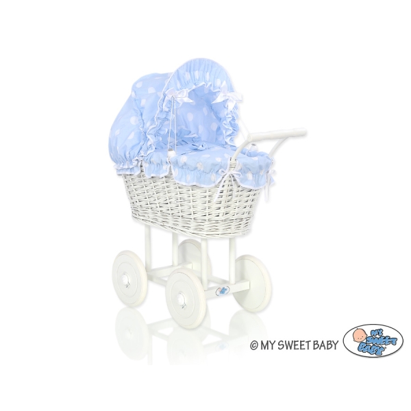 Passeggino in Vimini per le Bambole Blu Pois Bianchi
