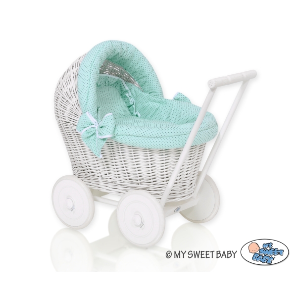 Passeggino in Vimini per le Bambole Menta Pois Bianchi