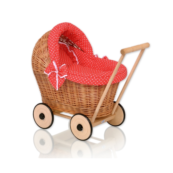 Passeggino in Vimini per le Bambole Rosso Pois Bianchi