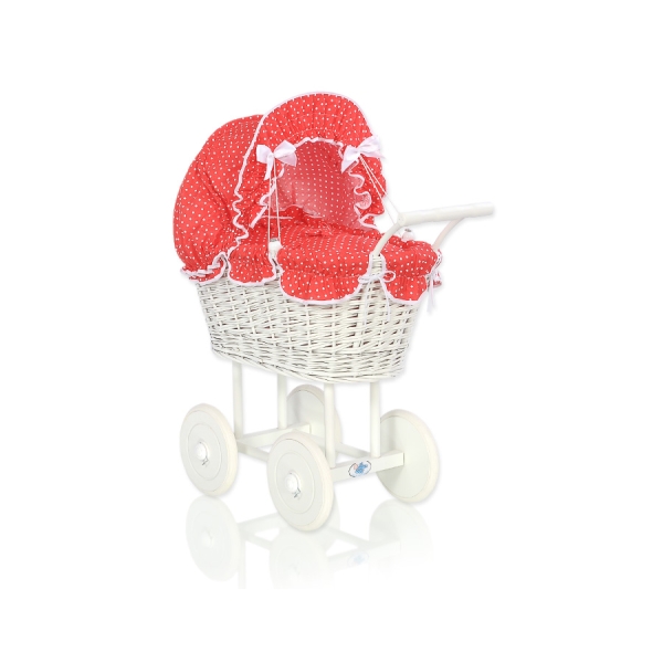 Passeggino in Vimini per le Bambole Rosso Pois Bianchi