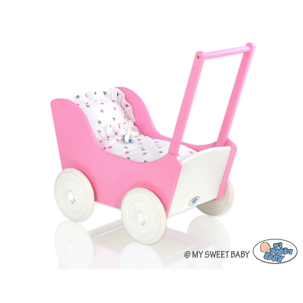 Passeggino per Bambole Legno Biancheria Bianca
